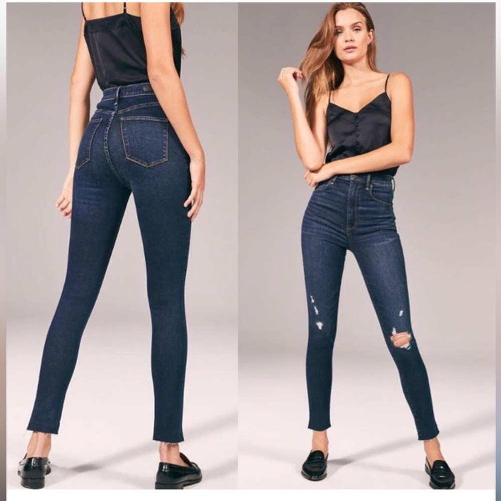 Abercrombie Ultra High Rise Super Skinny // distressed dark wash raw hem